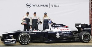 Williams F1 drivers Maldonado and Bottas and test-driver Wolff pose with the new FW35 racing car during its presentation at Circuit de Catalunya racetrack in Montmelo