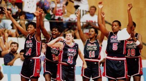 Members of the U.S. women's basketball team celebr