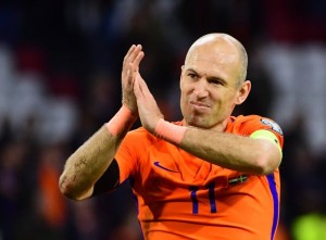 Netherlands' forward Arjen Robben acknow